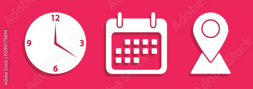 Calendar, Location pin, Clock icons. Event icon set. Address, time, date symbols vector.  position, clock and calendar symbol. business vector design. eps 10