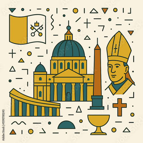 Vatican City Illustrated Landmarks: St. Peter's Basilica, Obelisk, and Pope Portrait
