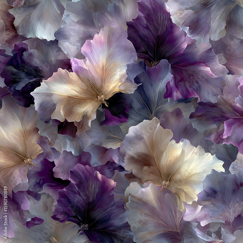 A close up of purple flowers with gold accents
