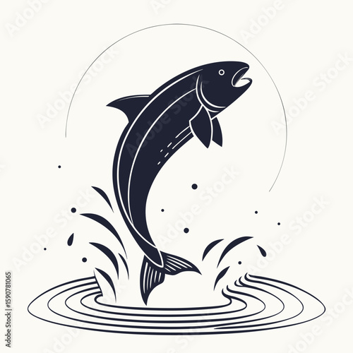 Dynamic silhouette of a salmon leaping from rippling water in a stylized artistic representation