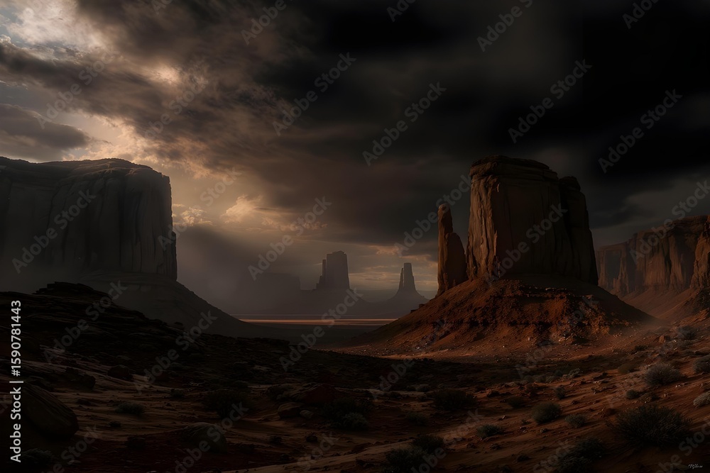 Fototapeta premium Monument Valley: A dramatic panorama unfolds, showcasing towering mesas under a stormy sky, a testament to the raw, untamed beauty of the American Southwest.
