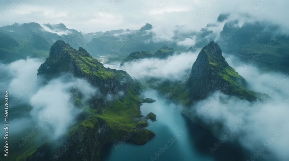 Obraz premium Majestic Mountain Ranges Emerging from a Sea of Clouds Under a Clear Blue Sky