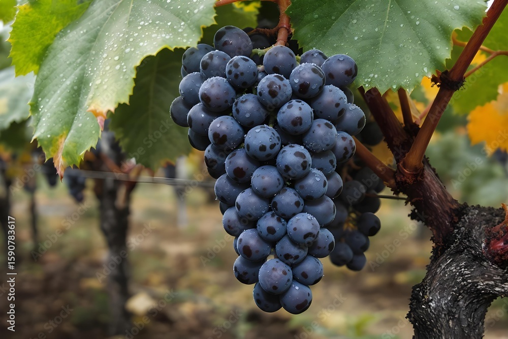 Fototapeta premium Harvest ready grape: A perfectly ripe bunch of grapes, glistening with moisture, hangs heavy on the vine amidst lush foliage, signaling the imminent harvest of fine wine.