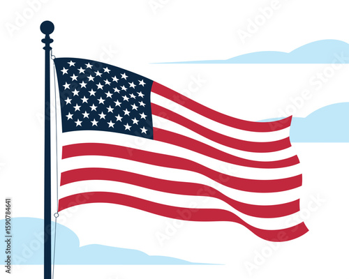 United States flag silhouette, flat vector illustration of American flag waving in motion on flagpole, patriotic national symbol for banners signage and civic graphics.