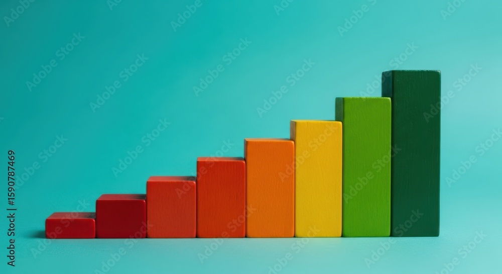 Fototapeta premium Photo of colorful wooden blocks arranged in a rising bar graph on a teal background
