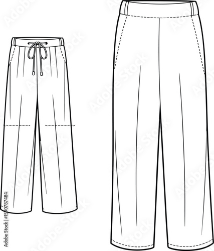 Fashion technical flat of wide leg pants, casual joggers design, front view sketch, drawstring waist, illustration for apparel industry