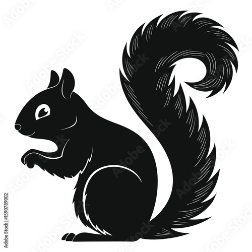 Stylized silhouette of a black squirrel with a bushy tail and alert expression ready for graphic design or illustration projects