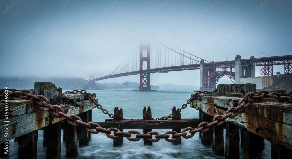 Fototapeta premium The Golden Gate Bridge Through the Fog from an Abandoned Pier