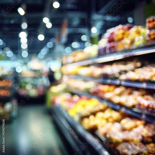 Wallpaper Mural Blurred supermarket interior, shelves stocked with produce and baked goods Torontodigital.ca