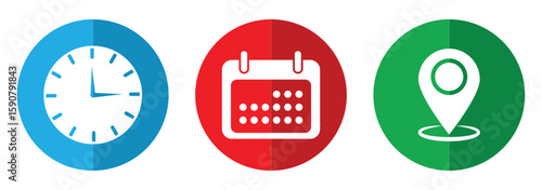 Time, date, location or place icons symbol. Time, date and address icon.  Clock, pin map location, and calendar signs set. Business schedule icons clock calendar. eps 10