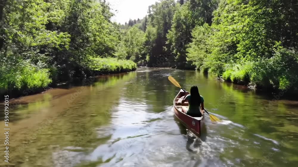 Person paddling canoe on calm river lush green trees high angle view nature background Person paddling canoe on calm river lush green trees high angle view nature background