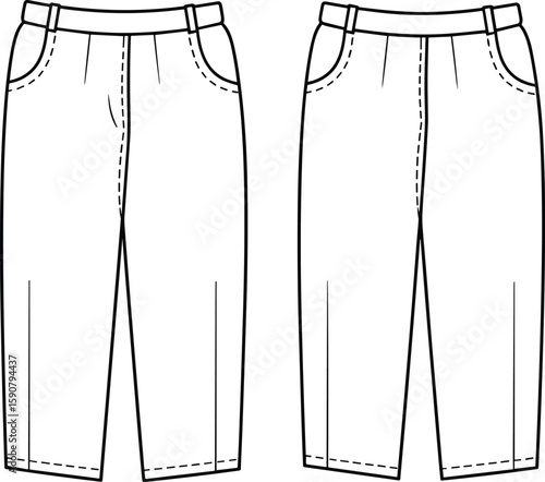 High waist pants flat sketch, front and back view, fashion cad template, technical illustration, stylish women trousers drawing design