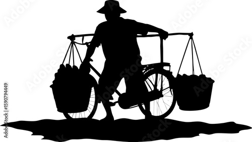 Silhouette of a man riding a bicycle with baskets hanging from a pole filled with goods for sale