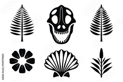 Prehistoric flora and fauna silhouettes fossils fern