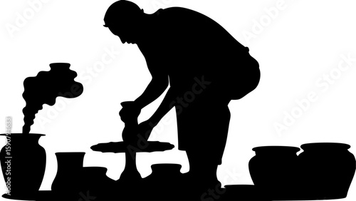 Silhouette of a potter shaping clay on a wheel with various pots and smoke in the background scene
