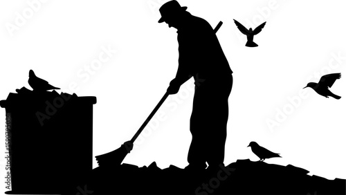 Silhouette of a street cleaner sweeping with birds flying around and one perched on a trash can lid