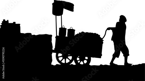 Silhouette of a man pushing a cart filled with goods near a building in a monochrome illustration style