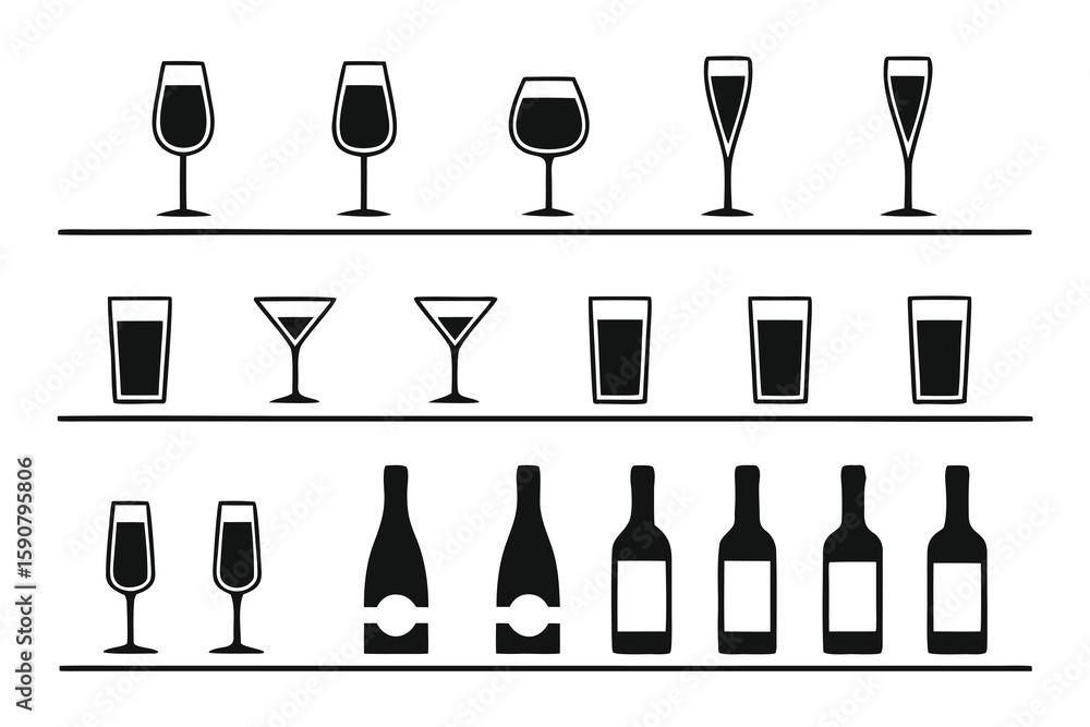 Various glassware and bottles wine glasses champagne flutes Various glassware and bottles wine glasses champagne flutes