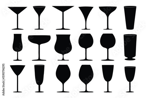 Assorted black cocktail glasses and wine goblets martini glasses