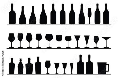 Assorted black wine bottles and glasses wine glasses