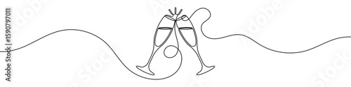 Continuous one line drawing of clinking champagne glasses. Minimalist celebration or toast symbol. Vector illustration.