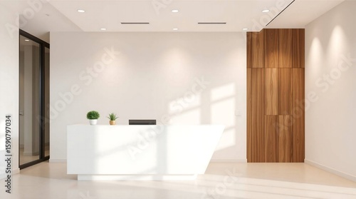 Bright modern reception area showcasing minimalist design with white reception desk and a warm wood accent cabinet providing a welcoming ambiance.