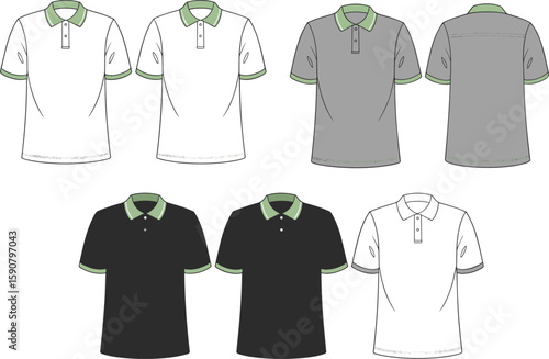 Men's polo shirt flat sketch, front and back view, color variations, technical fashion illustration, casual collar tee design mockup