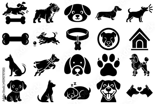 Dog Breed Icon Collection: An array of meticulously crafted black and white icons featuring a diverse representation of beloved canine companions, symbolizing loyalty and companionship.