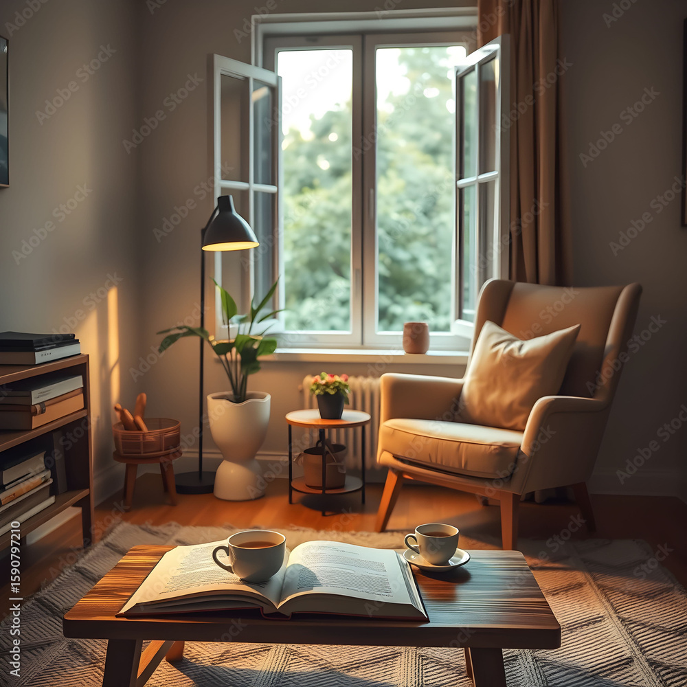 Fototapeta premium Airy Reading Space an open window fills a living area with natural light, highlighting a cozy armchair, potted plant, and an open book on a coffee table, perfect for quiet moments