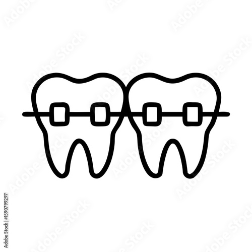 Two teeth with orthodontic braces for dental correction isolated on white background. Stomatology concept. Vector outline icon for health clinic