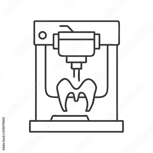 Dental 3D printer creating a tooth icon, showing modern stomatology technology and prosthetics. Line art vector symbol for dentistry