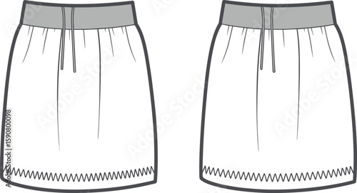 Women’s casual skirt front and back view, elastic waistband, zigzag hem detail, cad drawing, fashion flat sketch, vector illustration