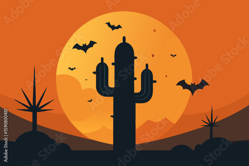 glowing cactus in desert with bats