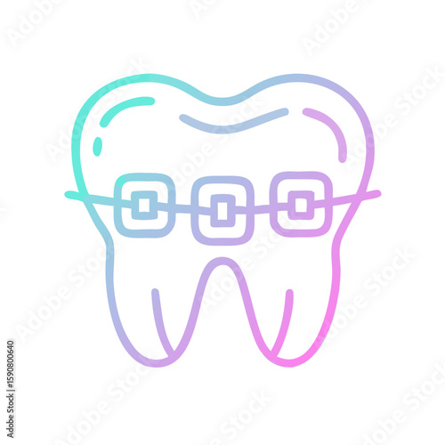 Tooth with dental braces icon in gradient outline style. Stomatology treatment, orthodontics concept. Vector symbol for website, app, dentistry.