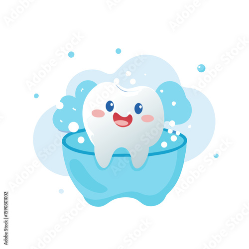 Cute cartoon tooth taking a bath in a blue tub with bubbles, clean oral hygiene idea. Stomatology concept. Vector icon for dental care