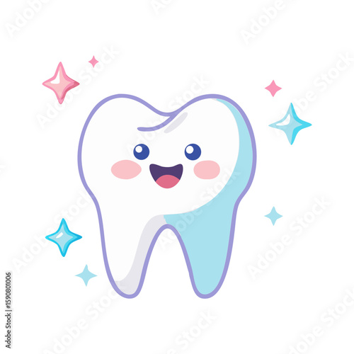 Cute happy tooth character with shiny sparkle. Oral hygiene, stomatology and dental care concept. Vector icon for kindergarten clinic or product