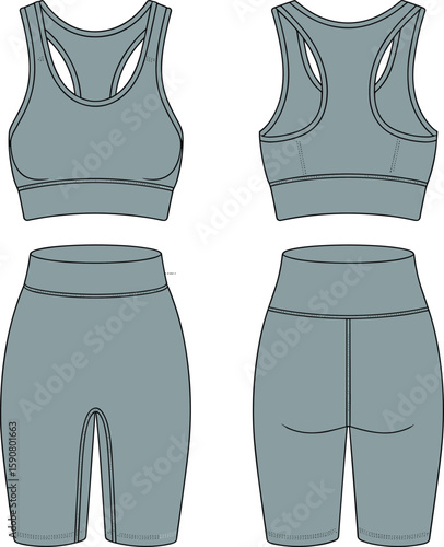 Women's sports bra and biker shorts activewear set flat sketch, front and back view, technical fashion drawing for fitness apparel
