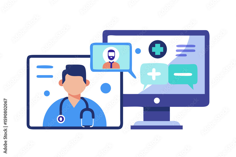 Telemedicine concept with a virtual doctor and AI interface for remote healthcare. Telemedicine concept with a virtual doctor and AI interface for remote healthcare.