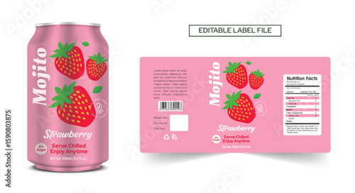 Strawberry drink can label design mojito drink, cocktail label design. Soda can vector, Energy drink mocktail, strawberry soft drink label packaging print ready editable vector template download