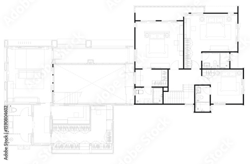 Vector Layout Plan of Residential Second Floor - Bedroom, Walk-in Closet, and Bathroom Interior Design