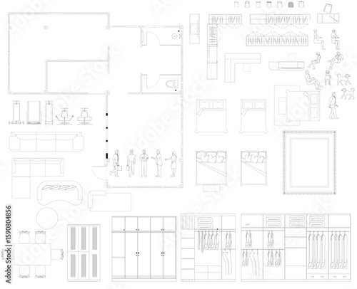 Vector Frame Layout Plan of Bedroom Suite with Dressing Room, Bathroom, and Furnished Interior