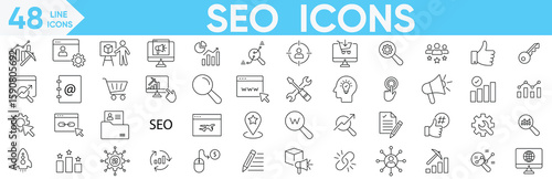 SEO line icon Vector and illustrator set.Containing business, analytics, keyword, marketing, target, traffic, ranking, optimization, link and more.Search engine editable stroke.