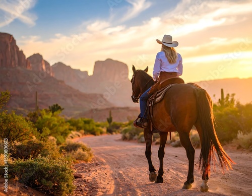 Woman horseback riding at sunset in desert mountains