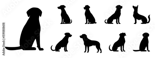 Dog silhouette vector set featuring different dog breeds and sitting standing poses