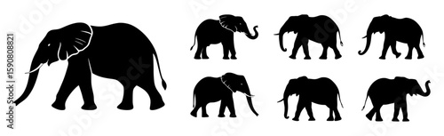 Elephant silhouette set with large and small elephants in walking and standing poses