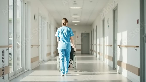 Nurse pushing a patient in a wheelchair down a hospital corridor.