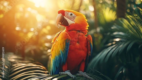 Wallpaper Mural Scarlet Macaw perched on palm, jungle sunset Torontodigital.ca