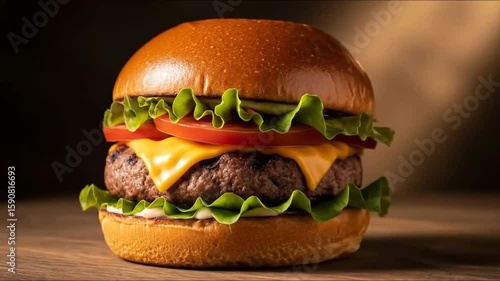 Delicious Cheeseburger Close Up on Wooden Surface Food Still Life