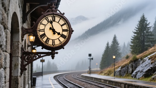 Railway station clock, misty mountain view, train tracks, foggy landscape, antique clock, vintage timepiece, railway platform,  weather, atmospheric, travel, journey,  time, transportation,  railroad.