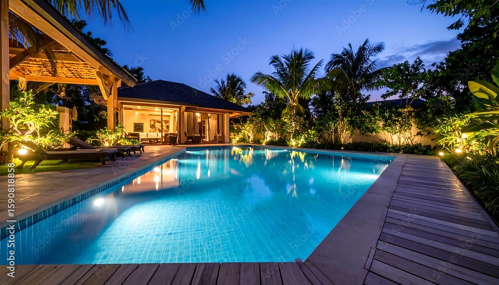 Fototapeta premium Luxury pool house at twilight